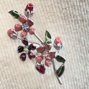 LC Flower Brooch Colorful Enamel And Rhinestones On Silver Tone Stem